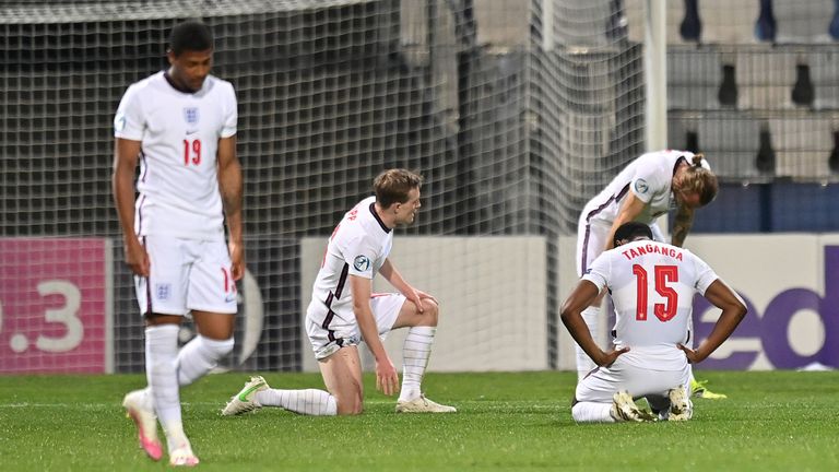 Oliver Skipp, Ben Wilmot and Japhet Tanganga appear dejected after Croatia U21 score the crucial goal that knocked them out