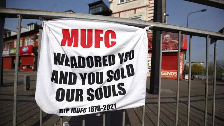 European Super League reaction
A banner left by Manchester United fans objecting to the clubs decision to join the European Super League, Sir Matt Busby Way, Manchester. Picture date: Tuesday April 20, 2021.