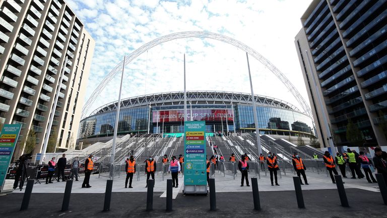Stewards in PPE outside the stadium ahead of the FA Cup semi final match, as 4000 fans are allowed in as part of a coronavirus events trial, at Wembley Stadium, London
