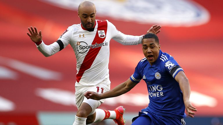 Southampton's Nathan Redmond (left) and Leicester City's Youri Tielemans battle for the ball