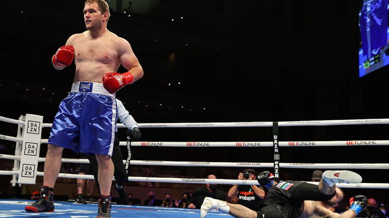 April 17, 2021; Miami, FL; Mahammadrasul Majidov and Andrey Fedosov during their bout on the April 17, 2021 Matchroom boxing fight card at the Hard Rock Seminole Casino in Hollywood, FL. Mandatory Credit: Ed Mulholland/Matchroom.