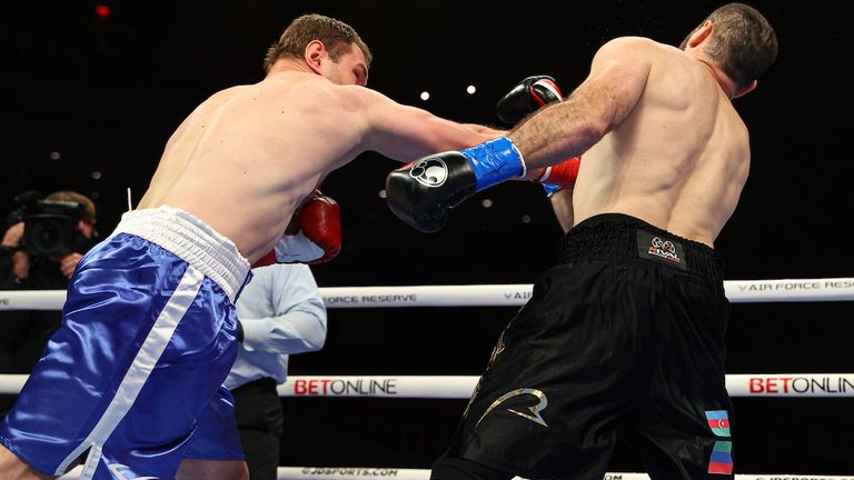 April 17, 2021; Miami, FL; Mahammadrasul Majidov and Andrey Fedosov during their bout on the April 17, 2021 Matchroom boxing fight card at the Hard Rock Seminole Casino in Hollywood, FL. Mandatory Credit: Ed Mulholland/Matchroom.