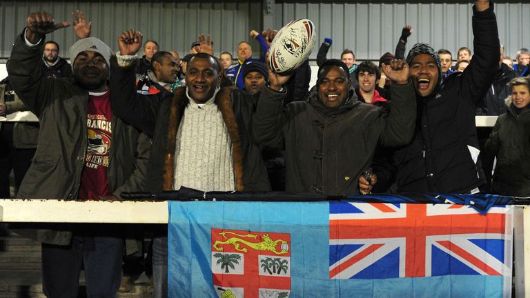 Fiji fans in the stands before kick off during the 2013 World Cup match at Spotland, Rochdale. PRESS ASSOCIATION Photo. Picture date: Monday October 28, 2013. See PA story RUGBYL Fiji. Photo credit should read: Anna Gowthorpe/PA Wire