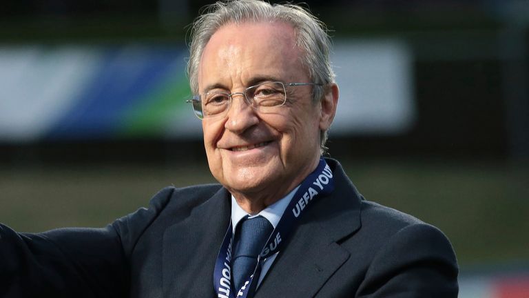 August 25, 2020, Nyon, United Kingdom: Florentino Perez pictured with the trophy following the UEFA Youth League match at Colovray Sports Centre, Nyon. Picture date: 25th August 2020. Picture credit should read: Jonathan Moscrop/Sportimage