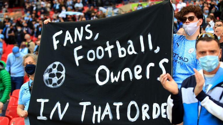 City supporters display a banner inside Wembley amid the fallout from the European Super League