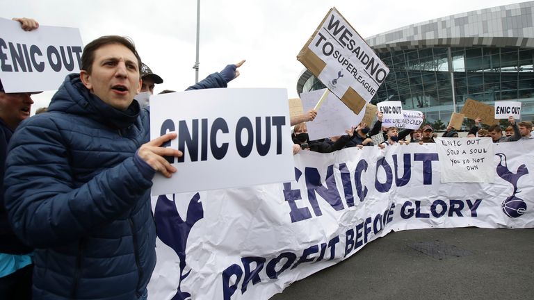 Tottenham fans gather outside before their home game against Southampton to protest
