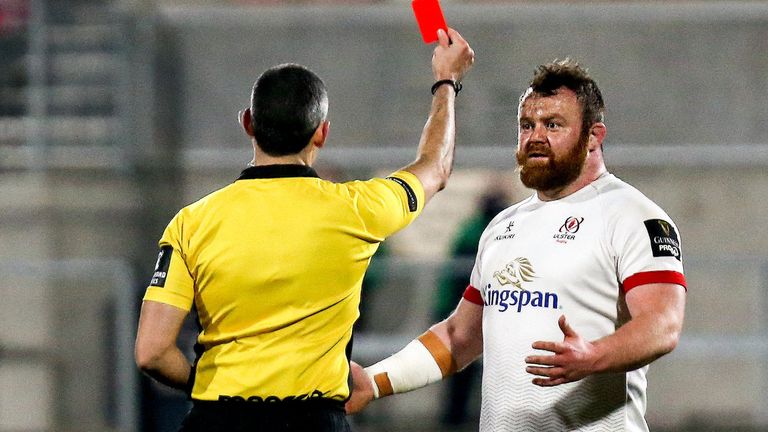 Referee Frank Murphy shows Andrew Warwick of Ulster the red card during the Guinness PRO14 match between Ulster and Leinster at Kingspan Stadium in Belfast. Photo by John Dickson/Sportsfile