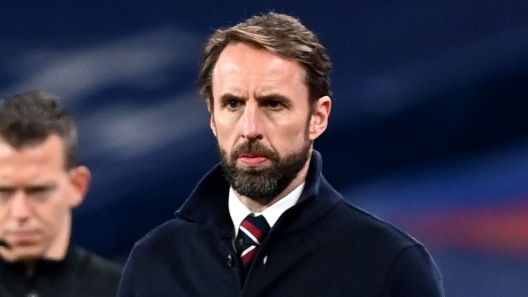 England manager Gareth Southgate during the 2022 FIFA World Cup Qualifying match at Wembley Stadium, London. Picture date: Wednesday March 31, 2021 (PA)