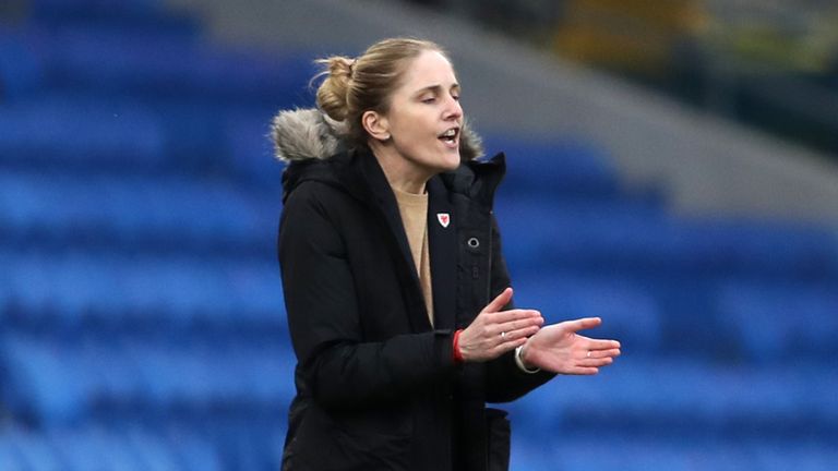 Wales head coach Gemma Grainger gestures on the touchline during the women&#39;s international friendly match at Cardiff City Stadium, Cardiff. 