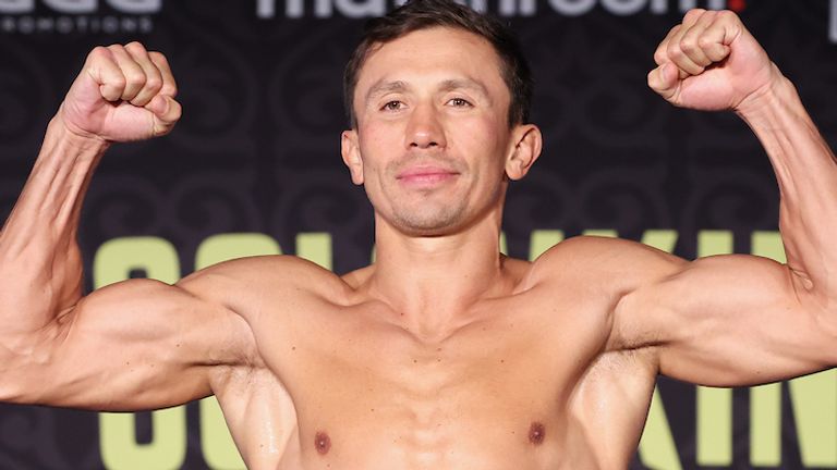 December 17, 2020;  Hollywood, Florida;  Gennadiy Golovkin steps on the scale to weigh-in for the December 18, 2020 Matchroom fight card in Hollywood, Florida.  Mandatory Credit: Melina Pizano / Matchroom.            