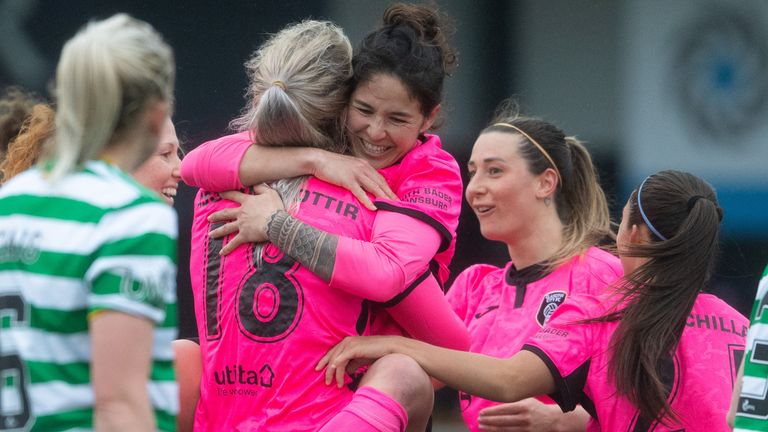 Arna Sif Asgrimsdottir celebrates her goal as Glasgow City beat Celtic on the return of the Scottish Women’s Premier League