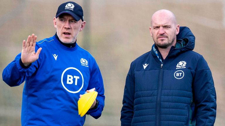 OLIVA, SPAIN - JANUARY 28: Scotland assistant coach Steve Tandy with head coach Gregor Townsend (right) during Scotland media access on January 28, 2020, in Oliva, Spain. (Photo by Gary Hutchison / SNS Group) 