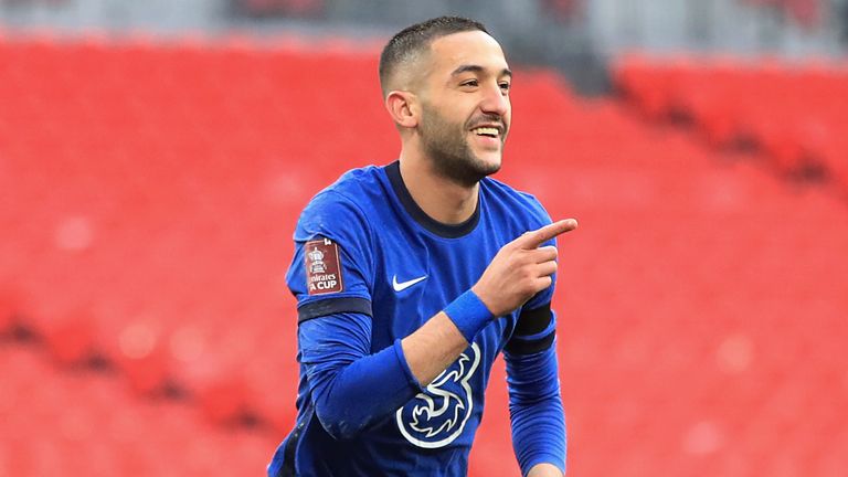 Chelsea's Hakim Ziyech celebrates after scoring his side's opening goal (AP)