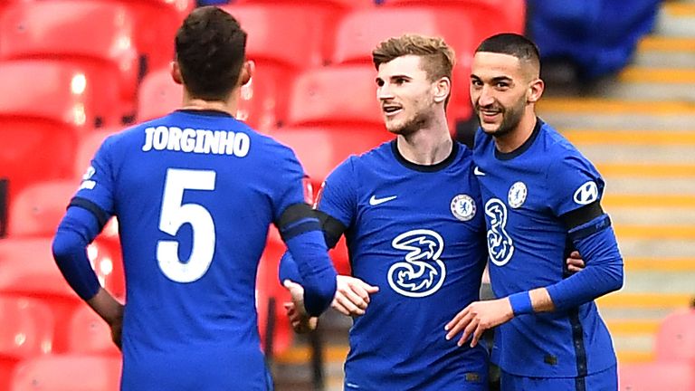 Chelsea's Hakim Ziyech (R) celebrates with Timo Werner after giving his team a 1-0 lead