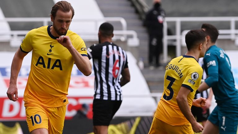 Harry Kane celebrates equalising for Tottenham against Newcastle