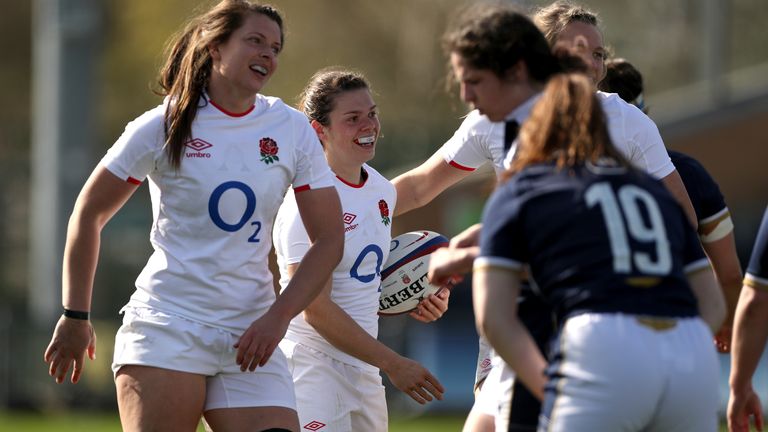 England's Helena Rowland (centre left) celebrates scoring their sixth try during the Women's Guinness Six Nations match at Castle Park, Doncaster. Picture date: Saturday April 3, 2021.