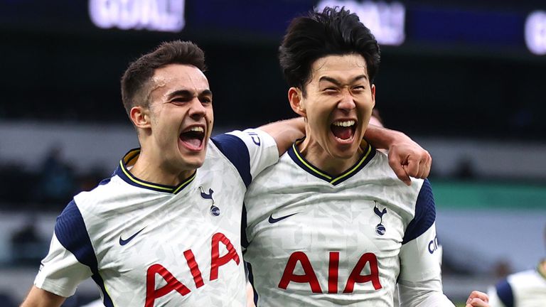 Heung-Min Son celebrates with team-mate Sergio Reguilon