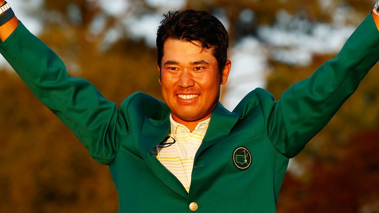 Hideki Matsuyama celebrates after winning the Masters