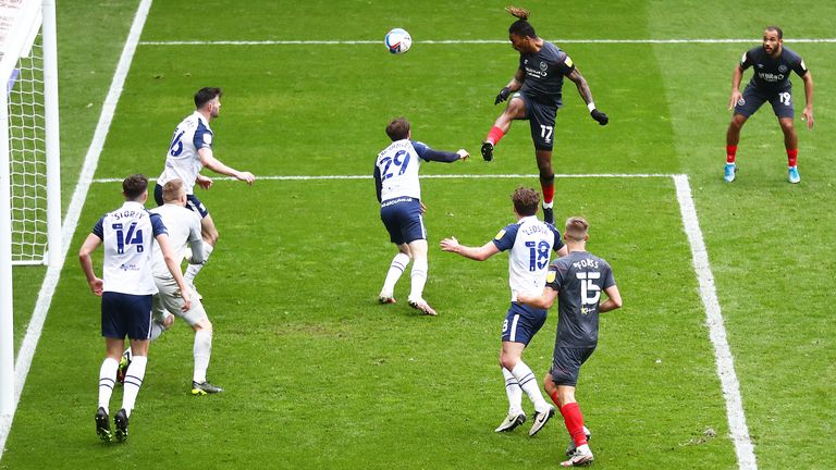 Toney became just the third player to reach 29 goals in a Championship season with this header in the 5-0 demolition of Preston.