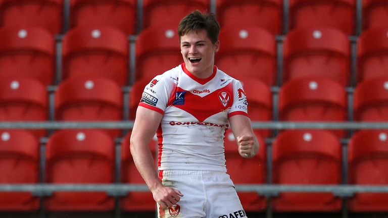Welsby celebrates scoring a try against Wakefield