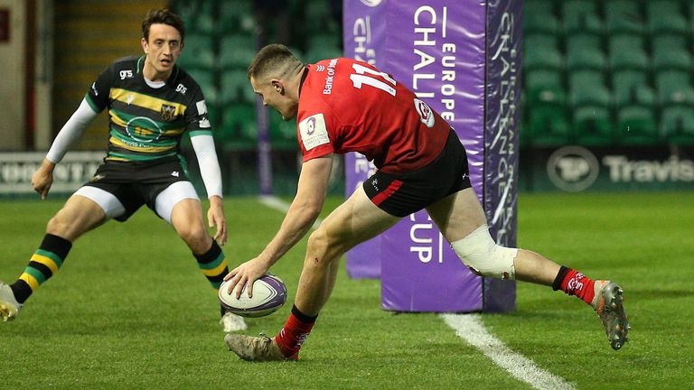 Northampton Saints v Ulster Rugby - Challenge Cup - Quarter Final - Franklin's Gardens
Ulster Rugby's Jacob Stockdale scores a try during the Challenge Cup, quarter final match at Franklin's Gardens, Northampton. Picture date: Saturday April 10, 2021.