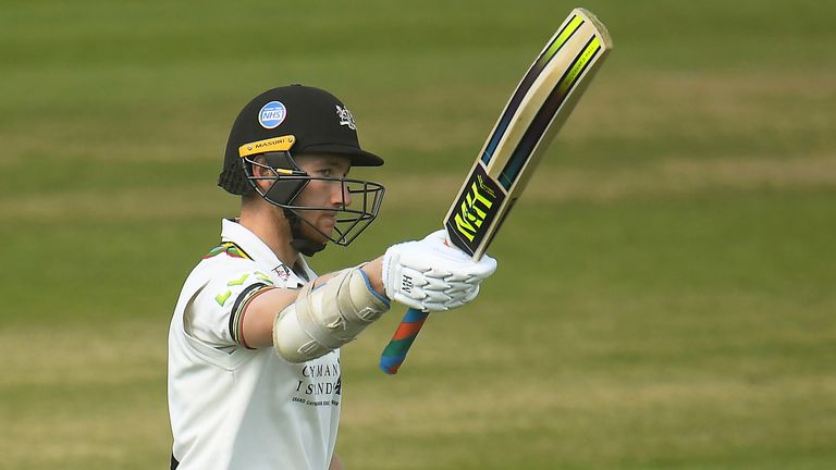  James Bracey of Gloucestershire celebrates after reaching their half century during Day Four of the LV= Insurance County Championship match between Somerset and Gloucestershire at The Cooper Associates County Ground on April 18, 2021 in Taunton, England.