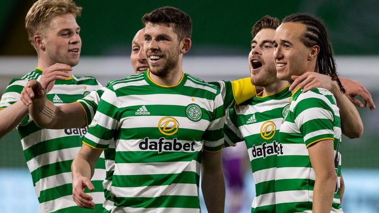 James Forrest celebrates after scoring to make it 1-0 against Falkirk