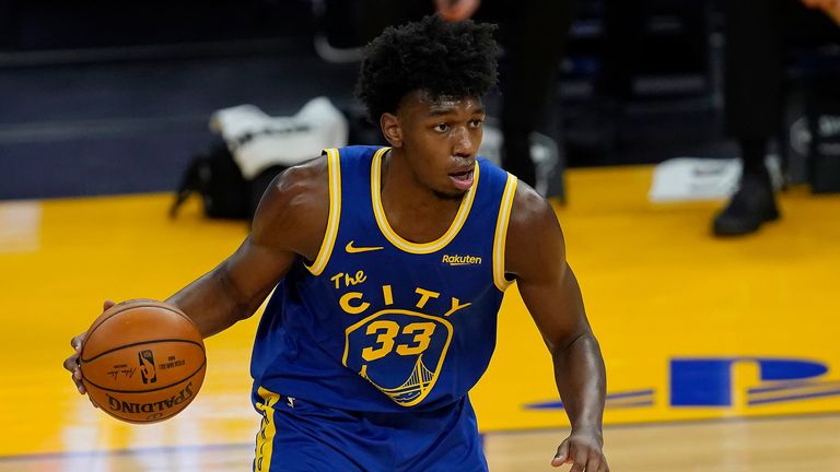 AP - Golden State Warriors center James Wiseman (33) dribbles against the Utah Jazz during the first half of an NBA basketball game in San Francisco, Sunday, March 14, 2021. (AP Photo/Jeff Chiu)