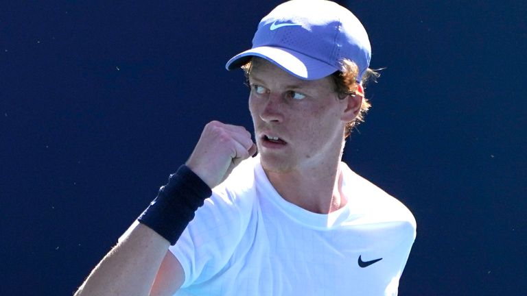 Jannik Sinner of Italy reacts after winning the first set against Alexander Bublik of Kazakhstan during the quarterfinals of the Miami Open tennis tournament, Wednesday, March 31, 2021, in Miami Gardens, Fla. Sinner won 7-6 (5), 6-4. (AP Photo/Lynne Sladky)