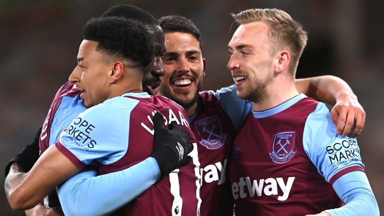 Jarrod Bowen celebrates after scoring West Ham's third goal against Wolves