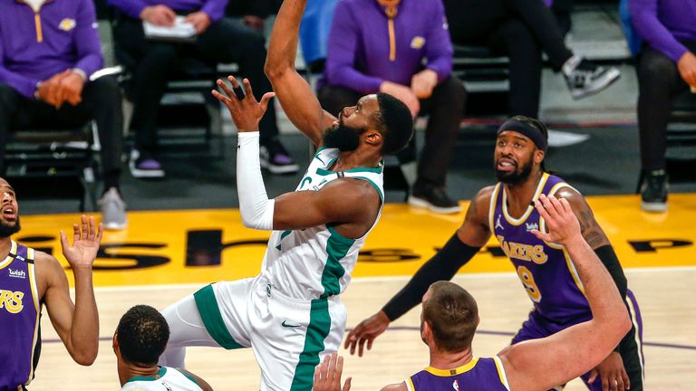 Jaylen Brown was the star as Boston avenged January defeat to their old rivals the LA Lakers to maintain their impressive run of form. (AP Photo/Ringo H.W. Chiu)