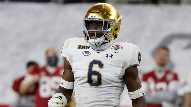 Notre Dame linebacker Jeremiah Owusu-Koramoah.(AP Photo/Michael Ainsworth)