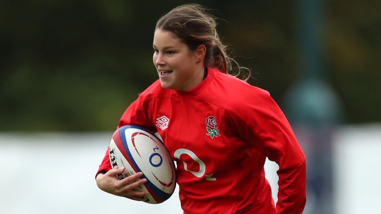 Jess Breach in action during a England Women's Training Session at Penny Hill Park on October 29, 2020 in Bagshot, England. (Photo by Naomi Baker - RFU/The RFU Collection via Getty Images)