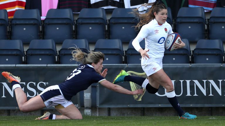 England's Jess Breach on her way to scoring their fifth try during the Women's Guinness Six Nations match at Castle Park, Doncaster. Picture date: Saturday April 3, 2021.