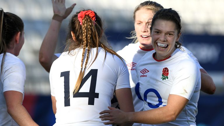 GRENOBLE, FRANCE - NOVEMBER 14: Jess Breach of England celebrates goal with teammates during the friendly match match between Italy and England on November 14, 2020 in Grenoble, France. (Photo by Chris Ricco - RFU/The RFU Collection via Getty Images)