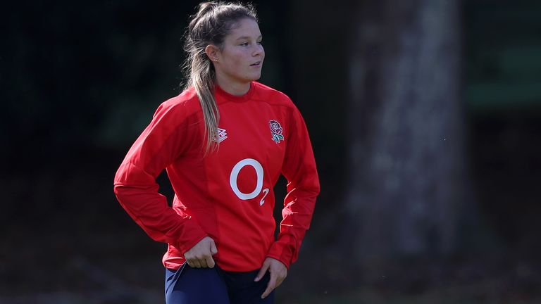 Jessica Breach looks on during an England Women's Training session at Pennyhill Park on September 29, 2020 in Bagshot, England. (Photo by Naomi Baker - RFU/The RFU Collection via Getty Images)