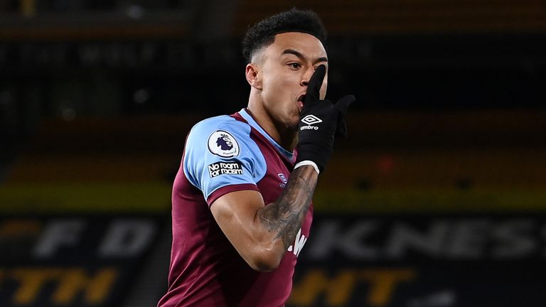 Jesse Lingard celebrates scoring for West Ham against Wolves