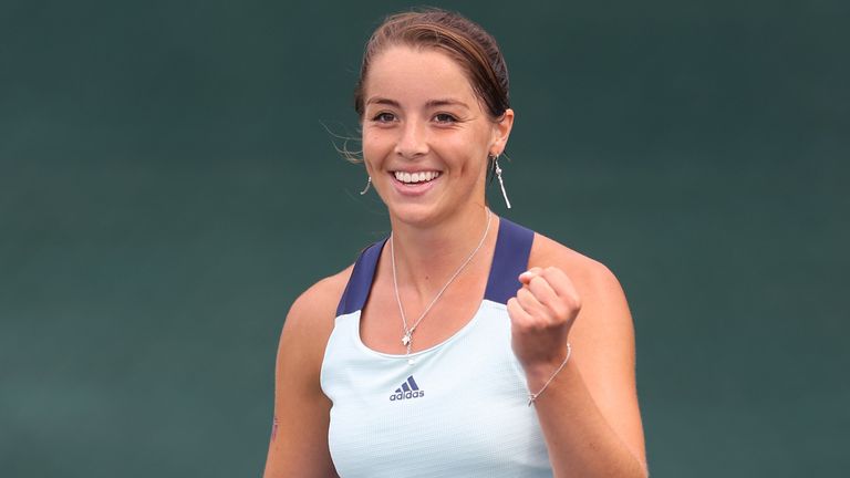 Jodie Burrage of Union Jacks celebrates winning her women's singles match against Emma Raducanu of British Bulldogs during day six of the St. James's Place Battle of The Brits Team Tennis at National Tennis Centre on August 1, 2020 in London, England. (Photo by Julian Finney/Getty Images for Battle Of The Brits)