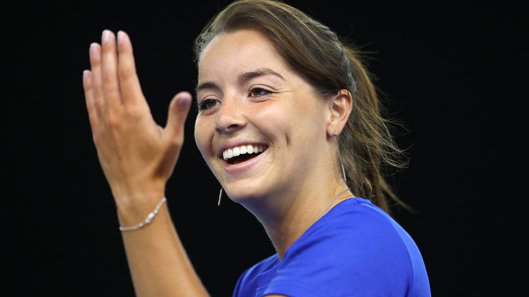 Jodie Burrage of Great Britain reacts during a preview day of the Billie Jean King Cup Play-Offs between Great Britain and Mexico at National Tennis Centre on April 15, 2021 in London, England. (Photo by Naomi Baker/Getty Images for LTA)