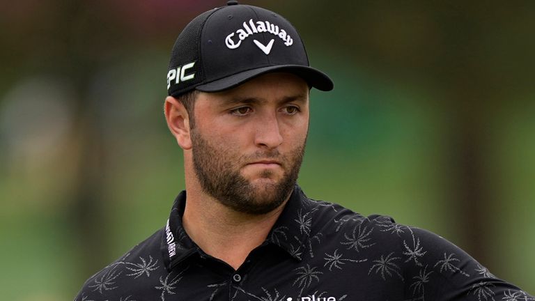 Jon Rahm, of Spain, reacts to missing a birdie putt on the second hole during the third round of the Masters golf tournament on Saturday, April 10, 2021, in Augusta, Ga. (AP Photo/David J. Phillip)