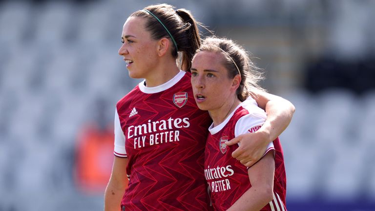 Jordan Nobbs celebrates scoring Arsenal's second goal of the game with teammate Katie McCabe