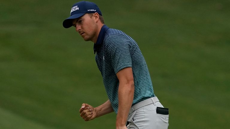 Jordan Spieth reacts after his birdie on the 10th green during the first round of the Masters golf tournament on Thursday, April 8, 2021, in Augusta, Ga. (AP Photo/Matt Slocum)