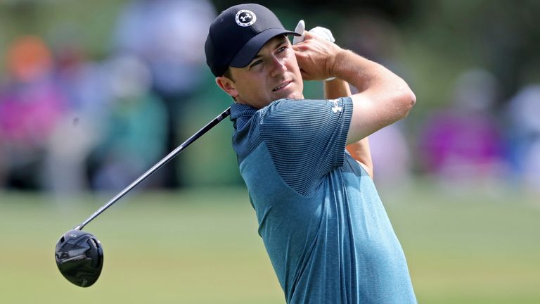 Jordan Spieth tees off on the third hole during the final round of the Masters 