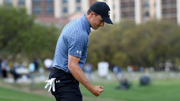 Jordan Spieth reacts to sinking his birdie putt on the 17th green during the final round of Valero Texas Open at TPC San Antonio Oaks Course