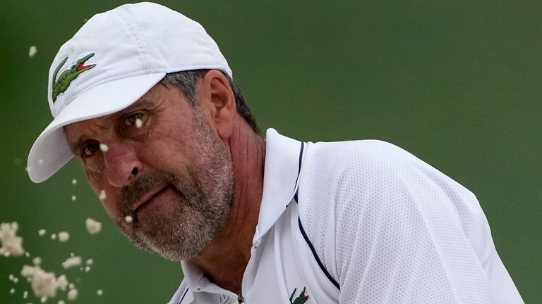 Jose Maria Olazabal, of Spain, hits out of a bunker on the seventh hole during the second round of the Masters golf tournament on Friday, April 9, 2021, in Augusta, Ga. (AP Photo/Gregory Bull)