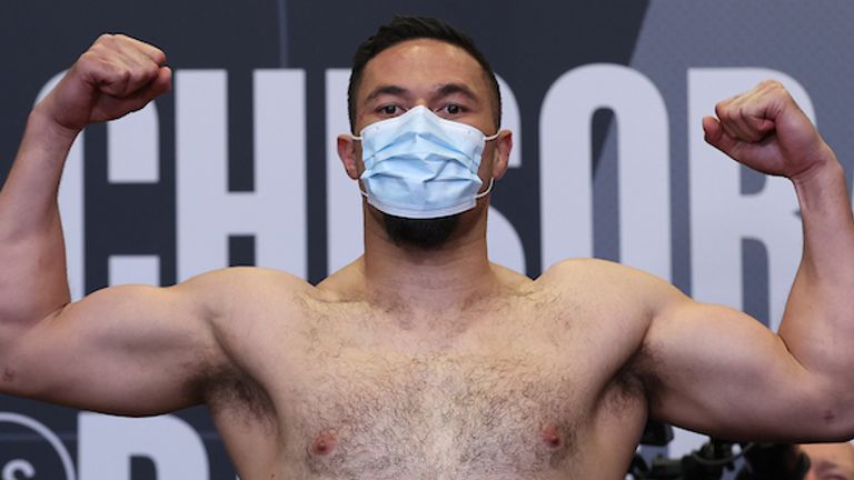 *** FREE FOR EDITORIAL USE ***.Derek Chisora and Joseph Parker during their Weigh In ahead of their Heavyweight Contest tomorrow night..30 April 2021.Picture By Mark Robinson Matchroom Boxing