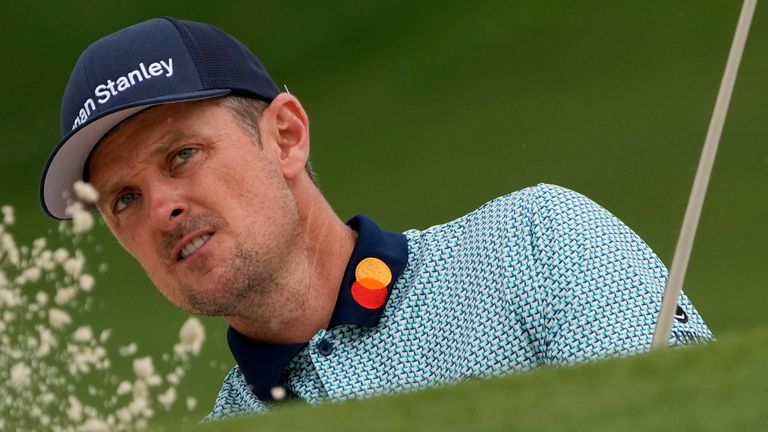 Justin Rose, of England, hits out of a bunker on the seventh hole during the second round of the Masters golf tournament on Friday, April 9, 2021, in Augusta, Ga. (AP Photo/Gregory Bull)