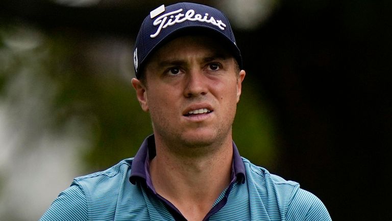 Justin Thomas reacts after his tee shot on the fourth hole during the second round of the Masters golf tournament on Friday, April 9, 2021, in Augusta, Ga. (AP Photo/Matt Slocum)