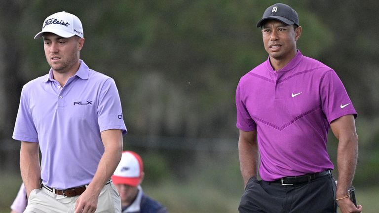 Justin Thomas and Tiger Woods during the first round of the PNC Championship golf tournament, Saturday, Dec. 19, 2020,