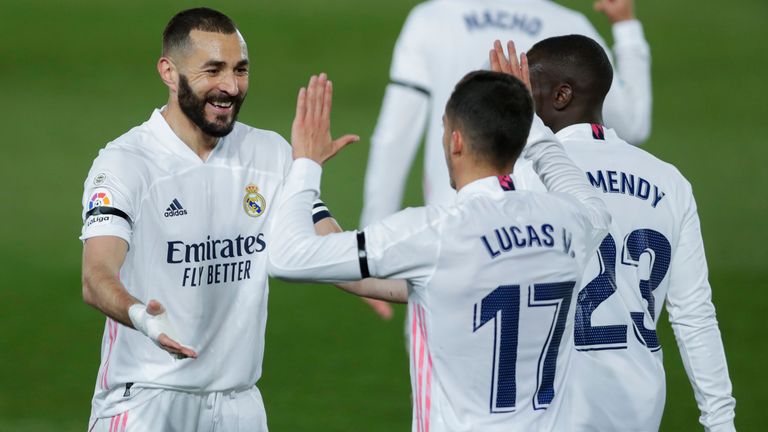Karim Benzema celebrates scoring for Real Madrid vs Barcelona